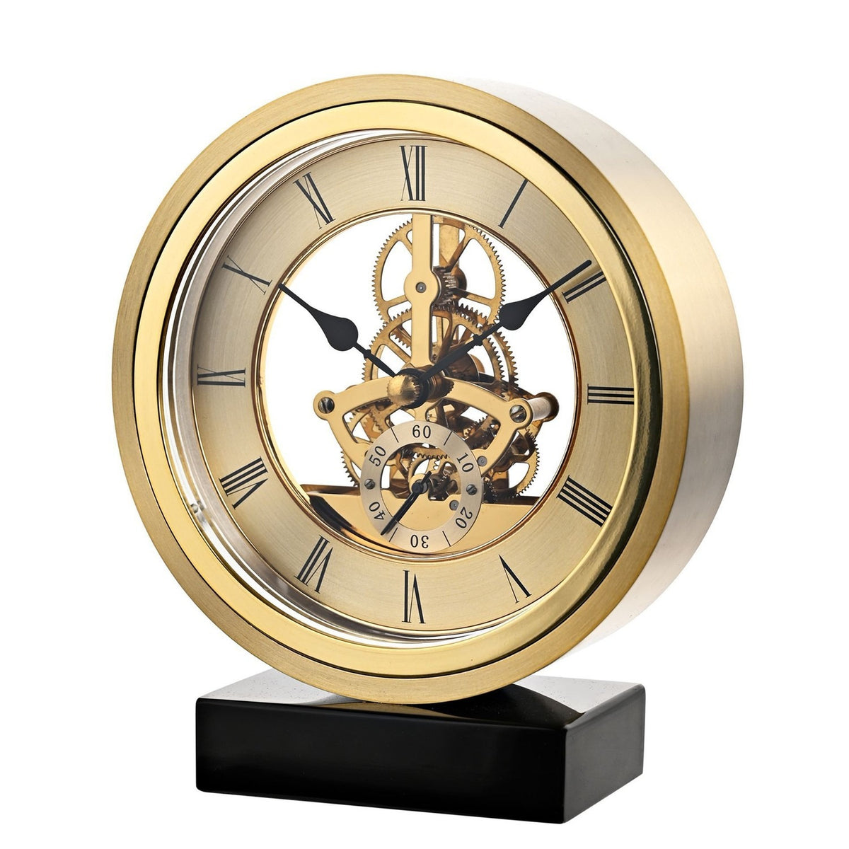 Round Skeleton Mantel Clock on Base with Roman Dial - Gold