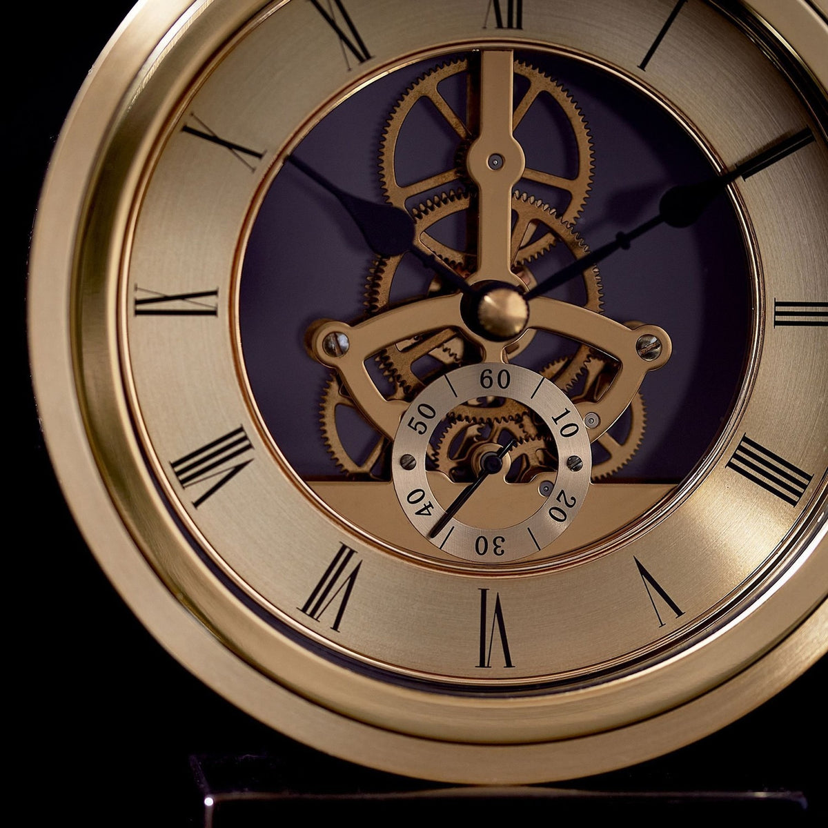 Round Skeleton Mantel Clock on Base with Roman Dial - Gold
