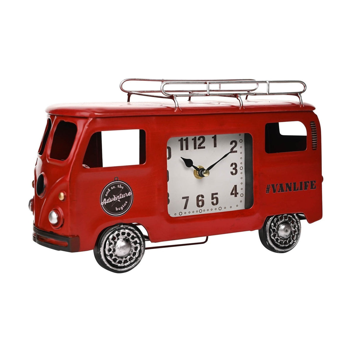 Camper Van Quartz Metal Mantel Clock with Roof Rack - Red