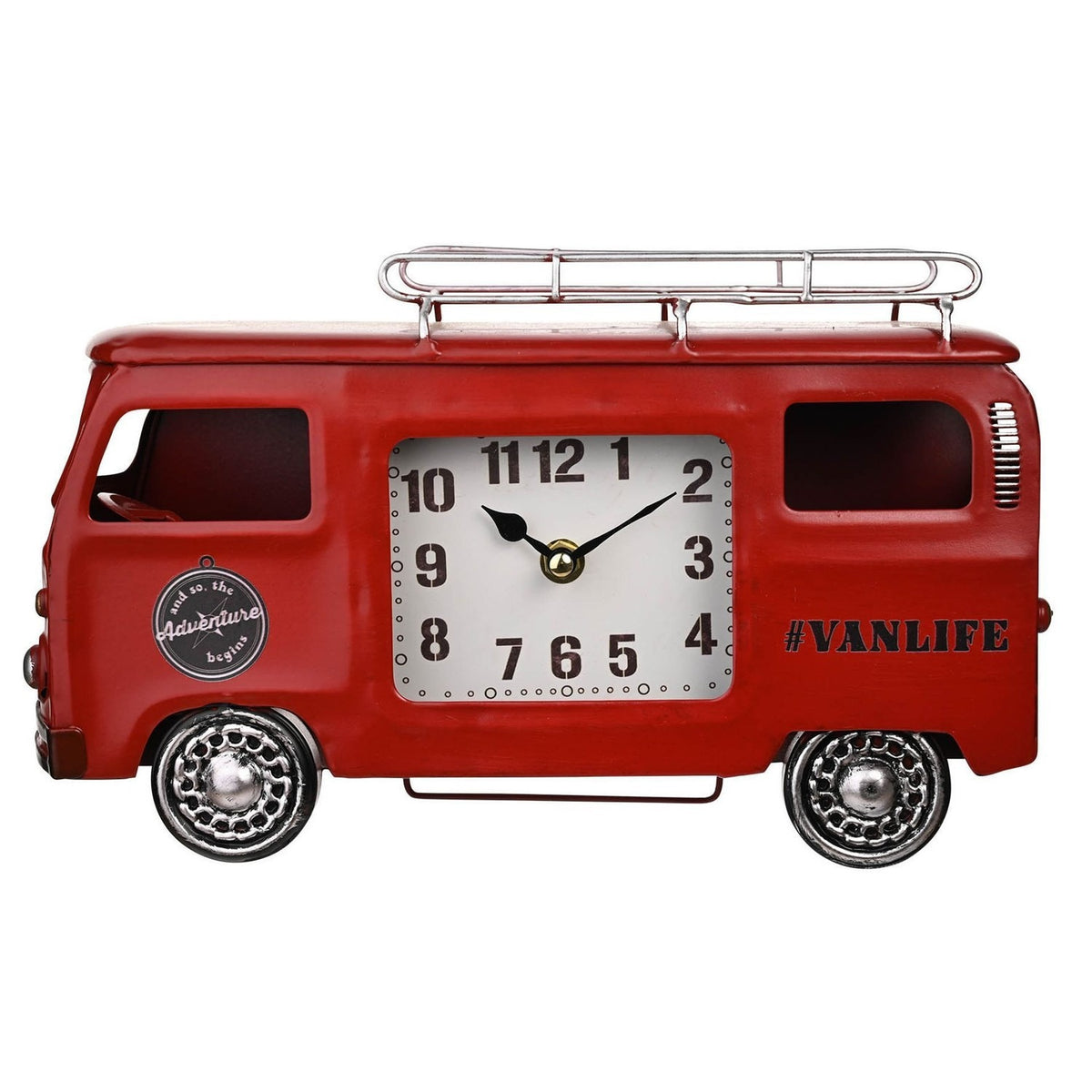 Camper Van Quartz Metal Mantel Clock with Roof Rack - Red