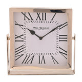 Square mantel clock with polished silver frame and swivel stand, white face with bold black Roman numerals and black hands, 22.5cm, on a plain white background.