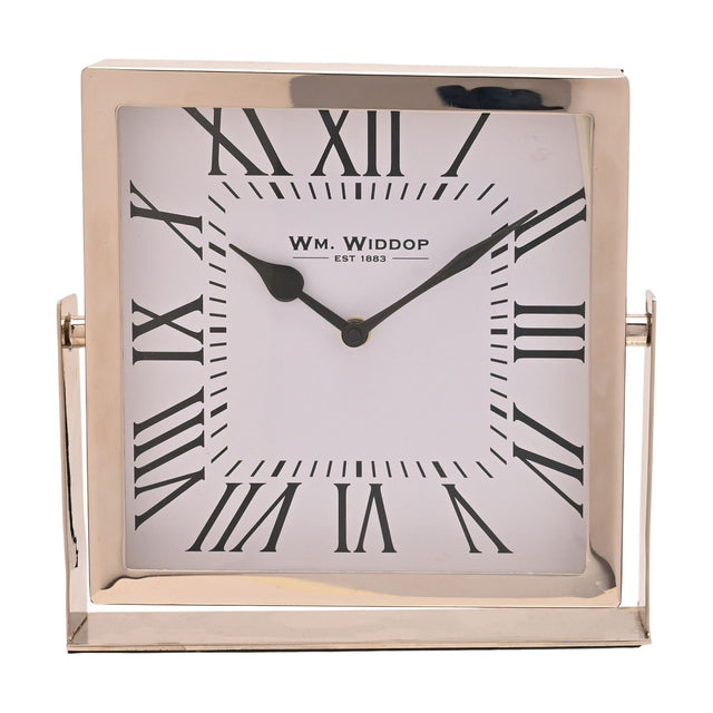 Square mantel clock with polished silver frame and swivel stand, white face with bold black Roman numerals and black hands, 22.5cm, on a plain white background.