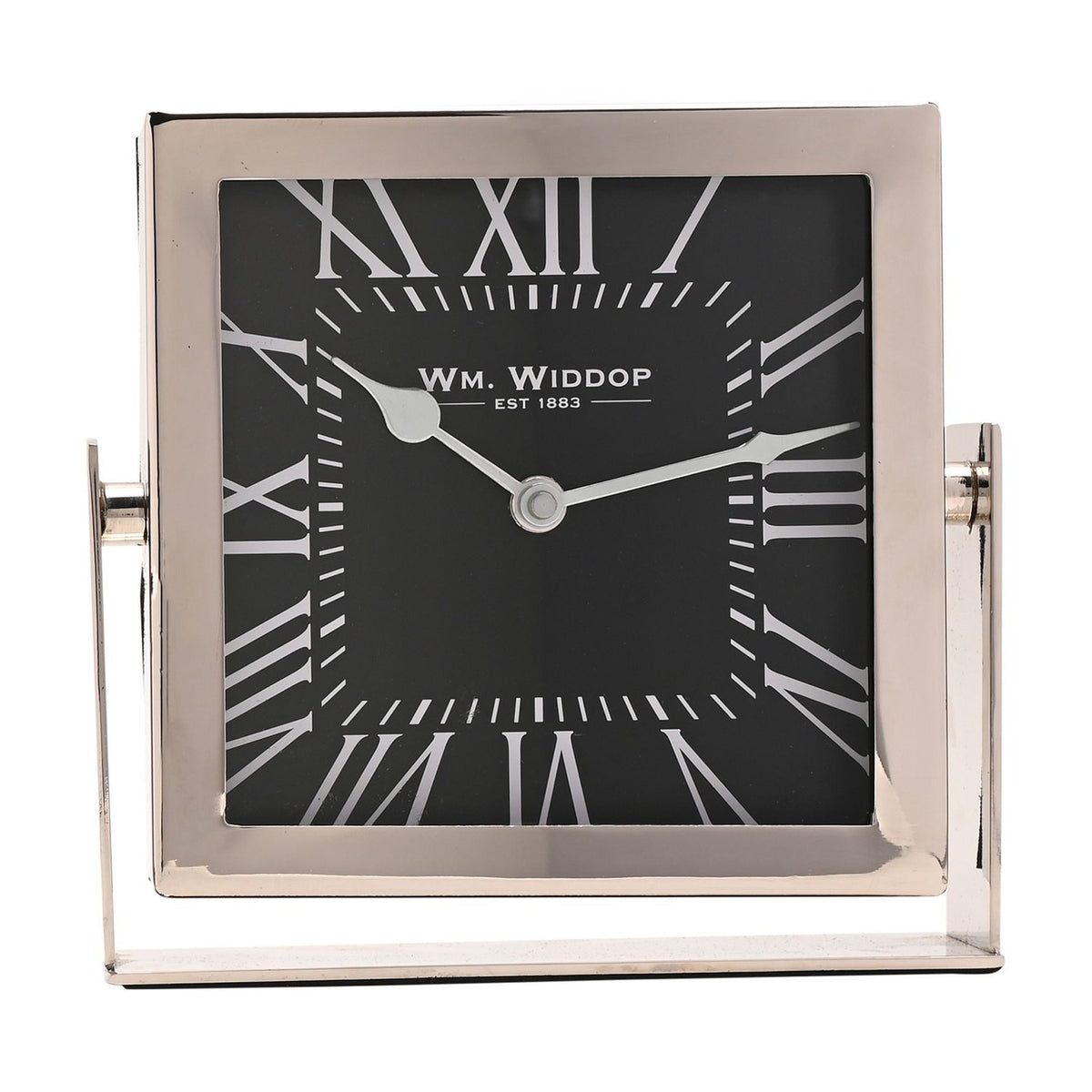 Square silver-framed mantel clock with black dial, white Roman numerals, and silver hands, mounted on a matching silver stand against a plain white background.