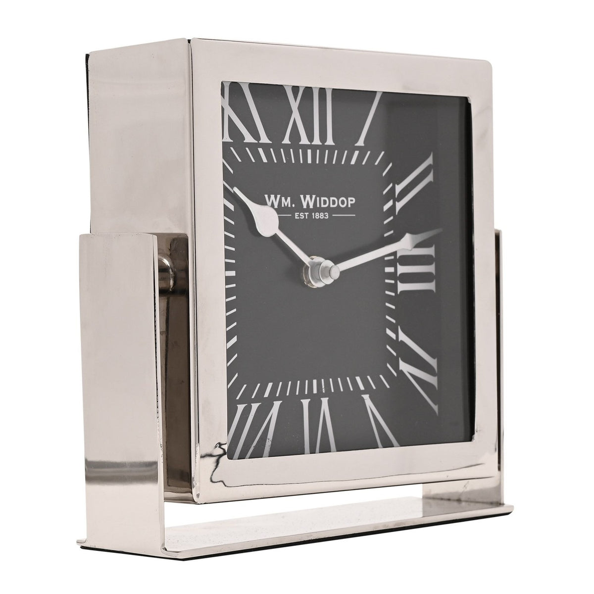 Square mantel clock with silver frame and stand, black dial, white Roman numerals and minute markers, shown at an angle on a plain white background.