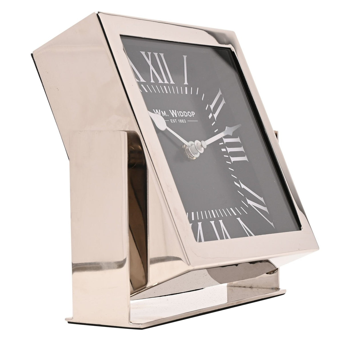Square mantel clock in silver finish with black dial and white Roman numerals, mounted on a matching silver stand, shown at an angle on a plain white background.