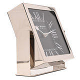 Square mantel clock in silver finish with black dial and white Roman numerals, mounted on a matching silver stand, shown at an angle on a plain white background.