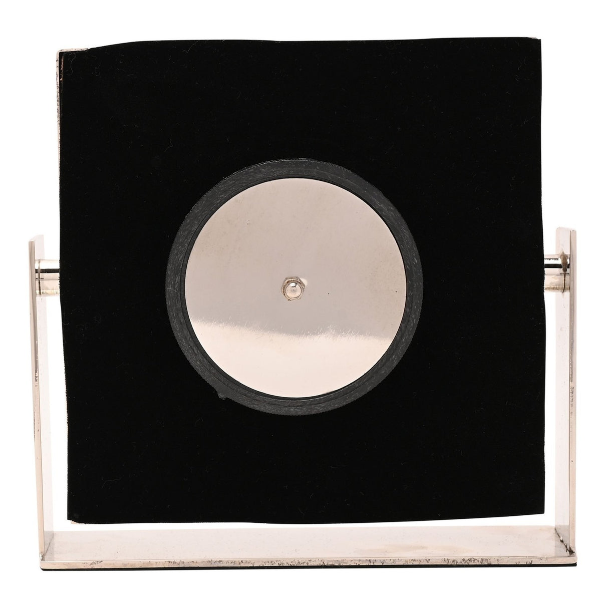 Rear view of the Square Roman Numeral Mantel Clock in silver, showing the black velvet backing, round movement cover, and silver stand uprights on a white background.