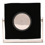 Rear view of the Square Roman Numeral Mantel Clock in silver, showing the black velvet backing, round movement cover, and silver stand uprights on a white background.