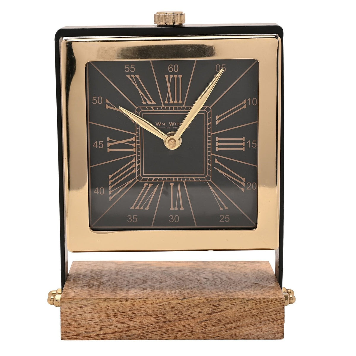 Square mantel clock with black Roman numeral dial in a polished gold case, set between black uprights on a wooden rectangular stand, shown on a plain white background.
