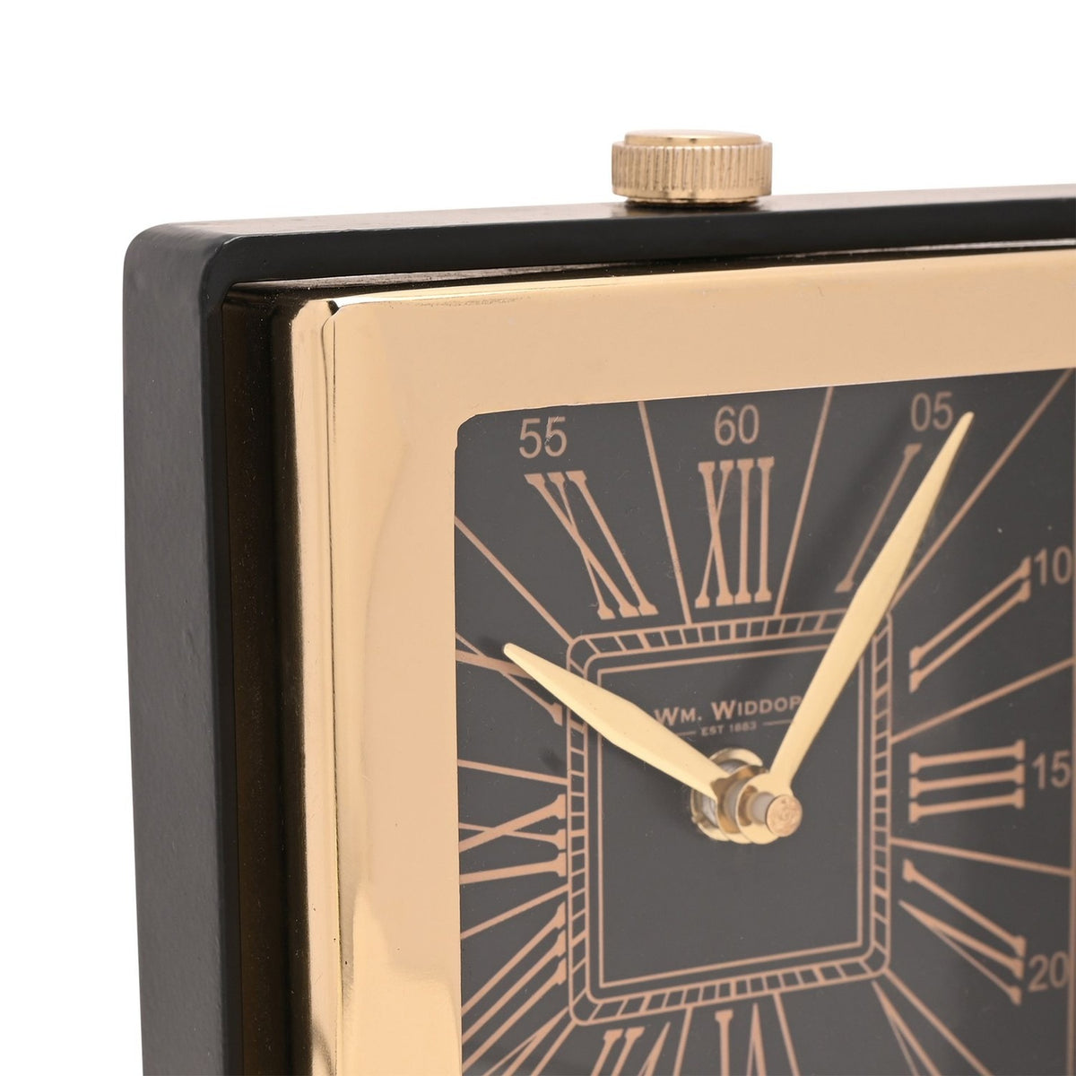 Close-up of the Square Roman Numeral Mantel Clock in gold, showing the black dial, gold Roman numerals, minute track, and gold hands within a polished gold case and black surround.