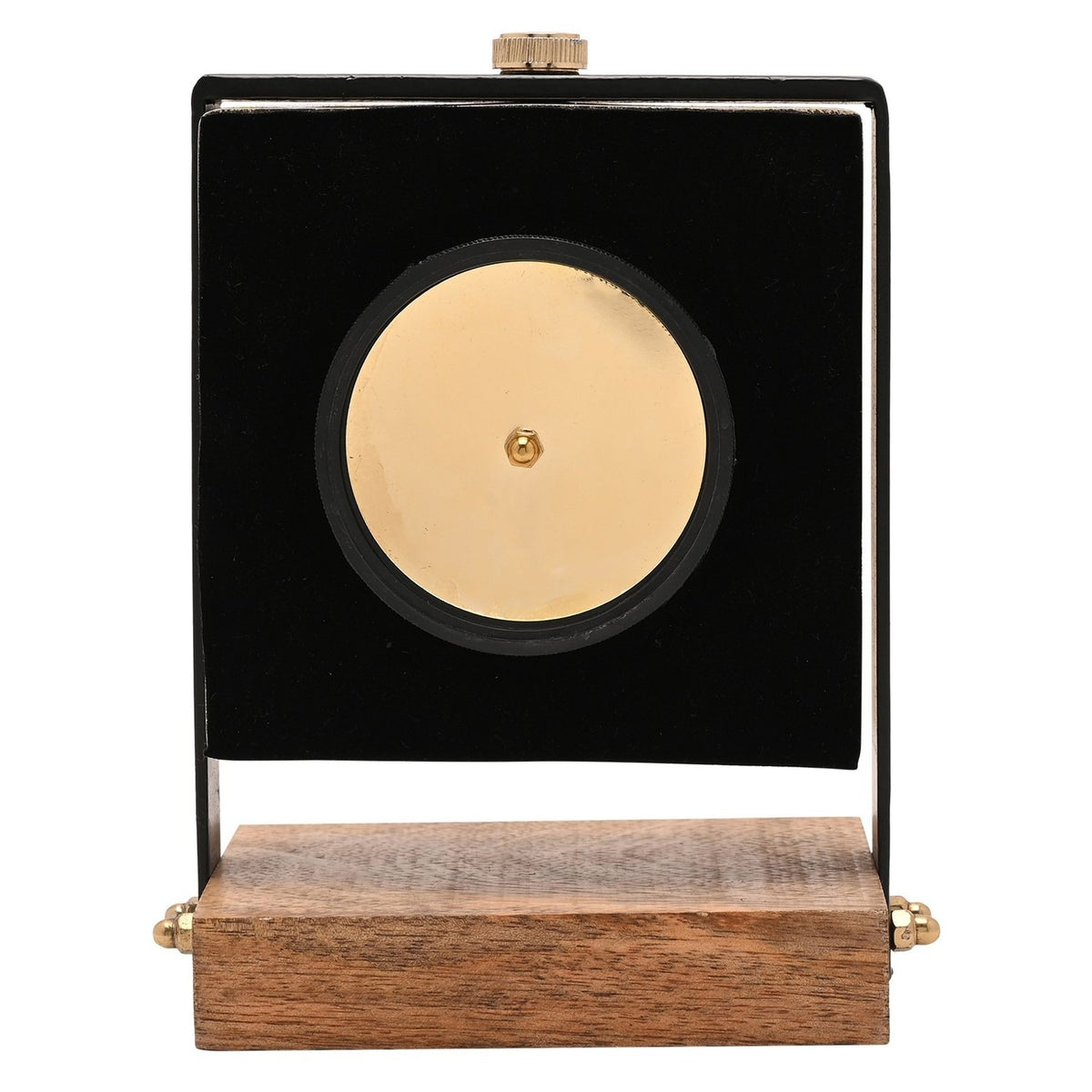 Rear view of the Square Roman Numeral Mantel Clock, showing the gold-cased dial back between black uprights on a wooden rectangular base, plain white background.
