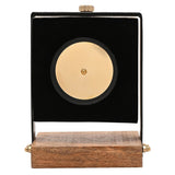 Rear view of the Square Roman Numeral Mantel Clock, showing the gold-cased dial back between black uprights on a wooden rectangular base, plain white background.