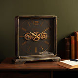 Square Mantel Clock with Moving Gears 37.4cm - Black & Gold