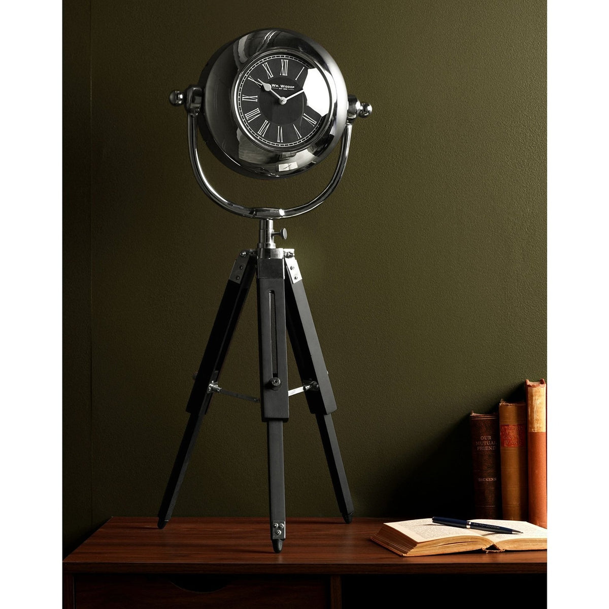 Tripod Mantel Clock with Black Roman Numeral Dial - Silver