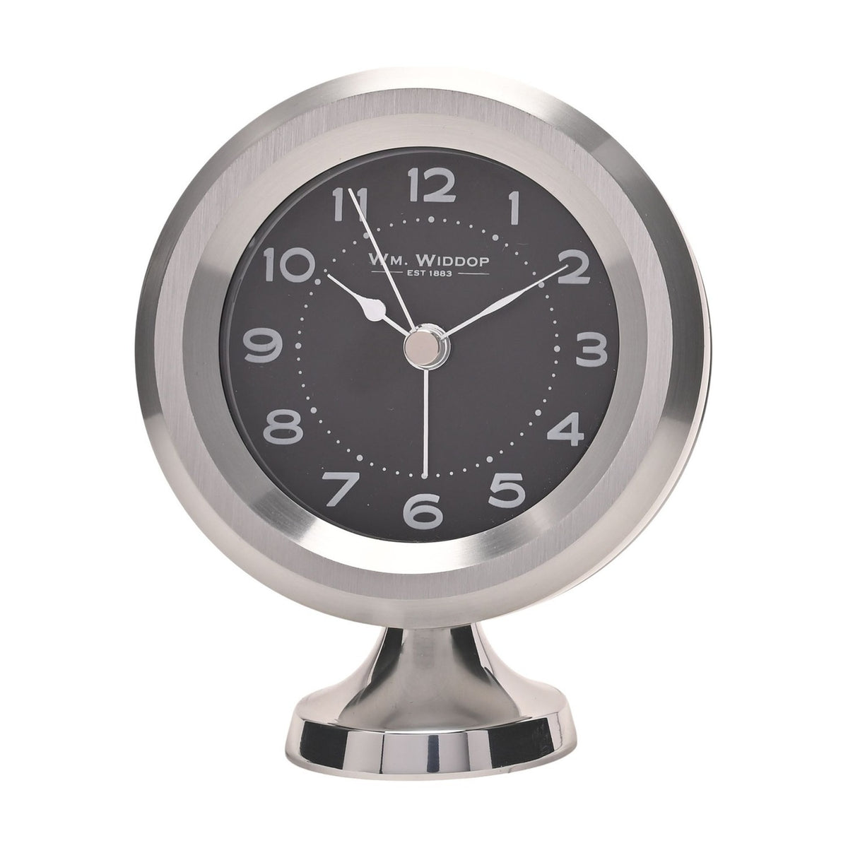 Round mantel alarm clock on a pedestal foot, with a silver casing, black dial, white Arabic numerals, and silver hands, shown on a plain white background.