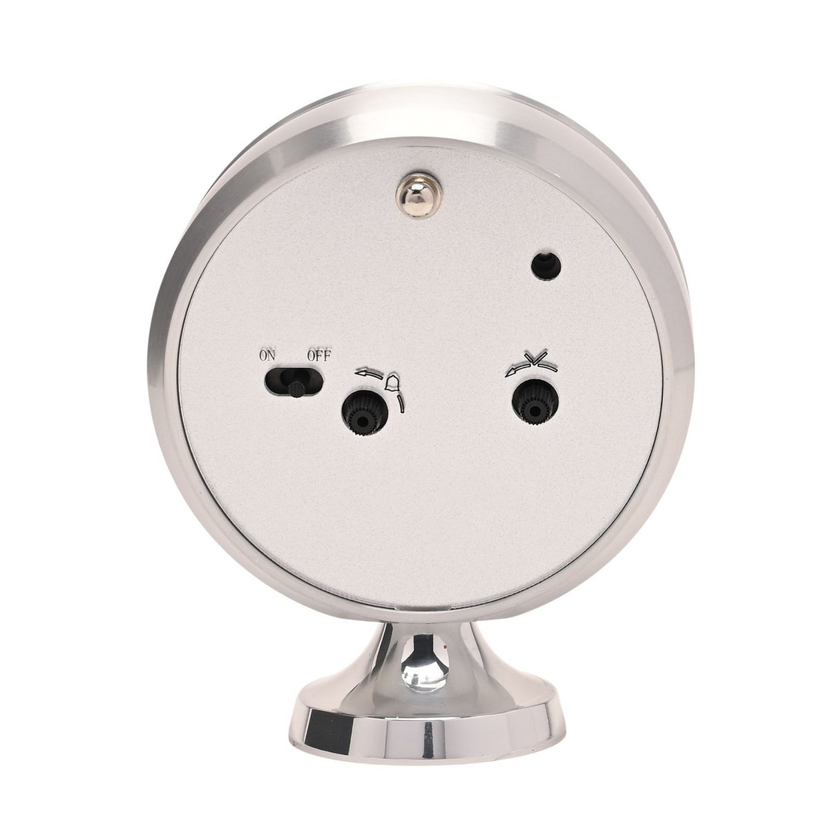 Rear view of the Round Mantel Alarm Clock with Pedestal in silver, showing on/off switch, alarm and time adjustment dials, and pedestal base on a white background.