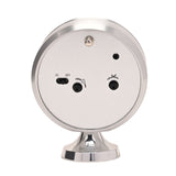 Rear view of the Round Mantel Alarm Clock with Pedestal in silver, showing on/off switch, alarm and time adjustment dials, and pedestal base on a white background.