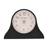 Napoleon resin mantel clock in matt black with arched hat-shaped silhouette, round white dial, silver rim, black Arabic numerals and slim silver hands, on a plain white background.