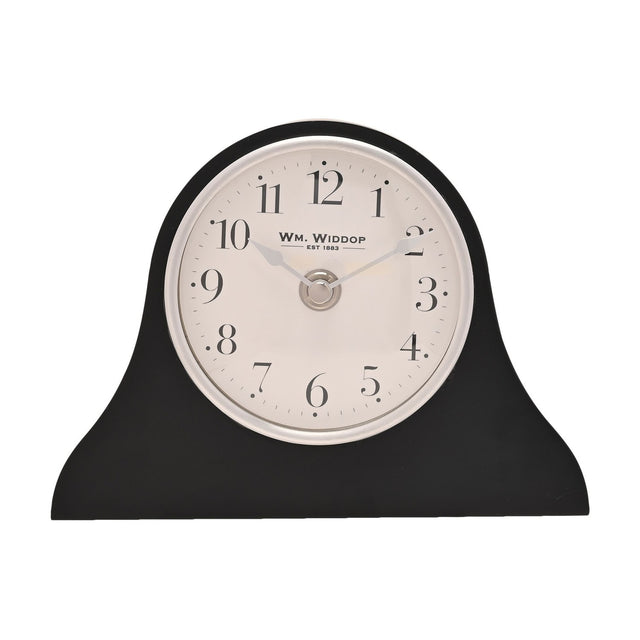 Napoleon resin mantel clock in matt black with arched hat-shaped silhouette, round white dial, silver rim, black Arabic numerals and slim silver hands, on a plain white background.