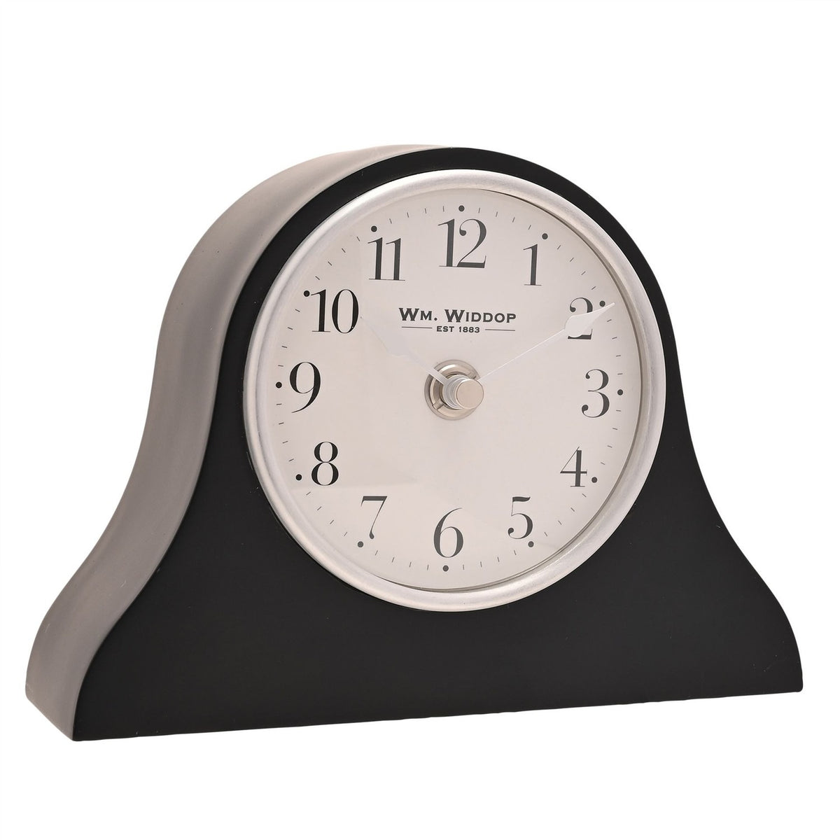 Napoleon resin mantel clock in black with arched Napoleon-hat shape, round white dial, silver rim, black Arabic numerals and slim silver hands, shown on a plain background.