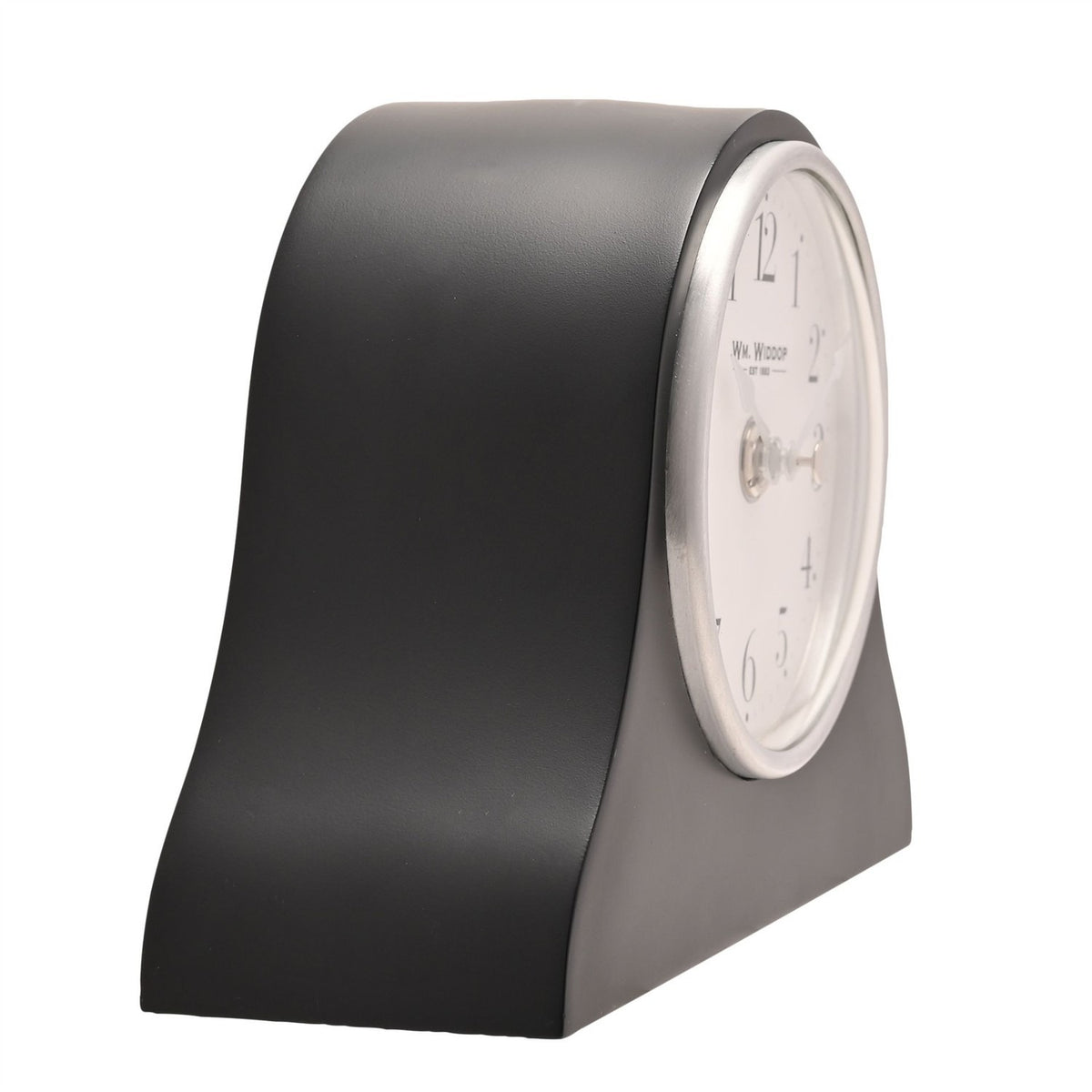 Napoleon resin mantel clock in matt black with arched hat-shaped case, round white dial, silver rim, black Arabic numerals and slim silver hands, shown on a plain white background.