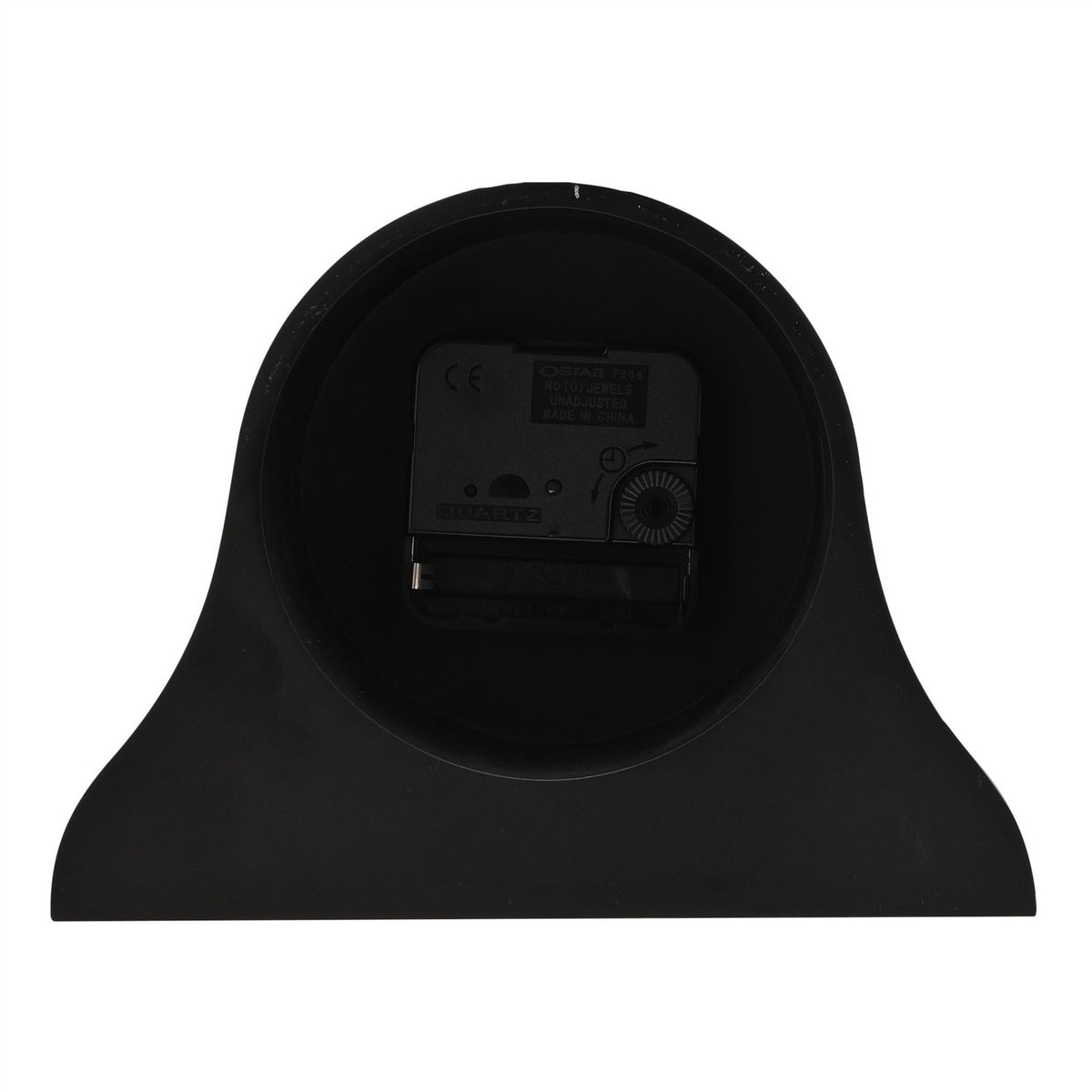 Rear view of the Napoleon black resin mantel clock showing the quartz movement, battery compartment, and time-set dial within the arched case, on a white background.