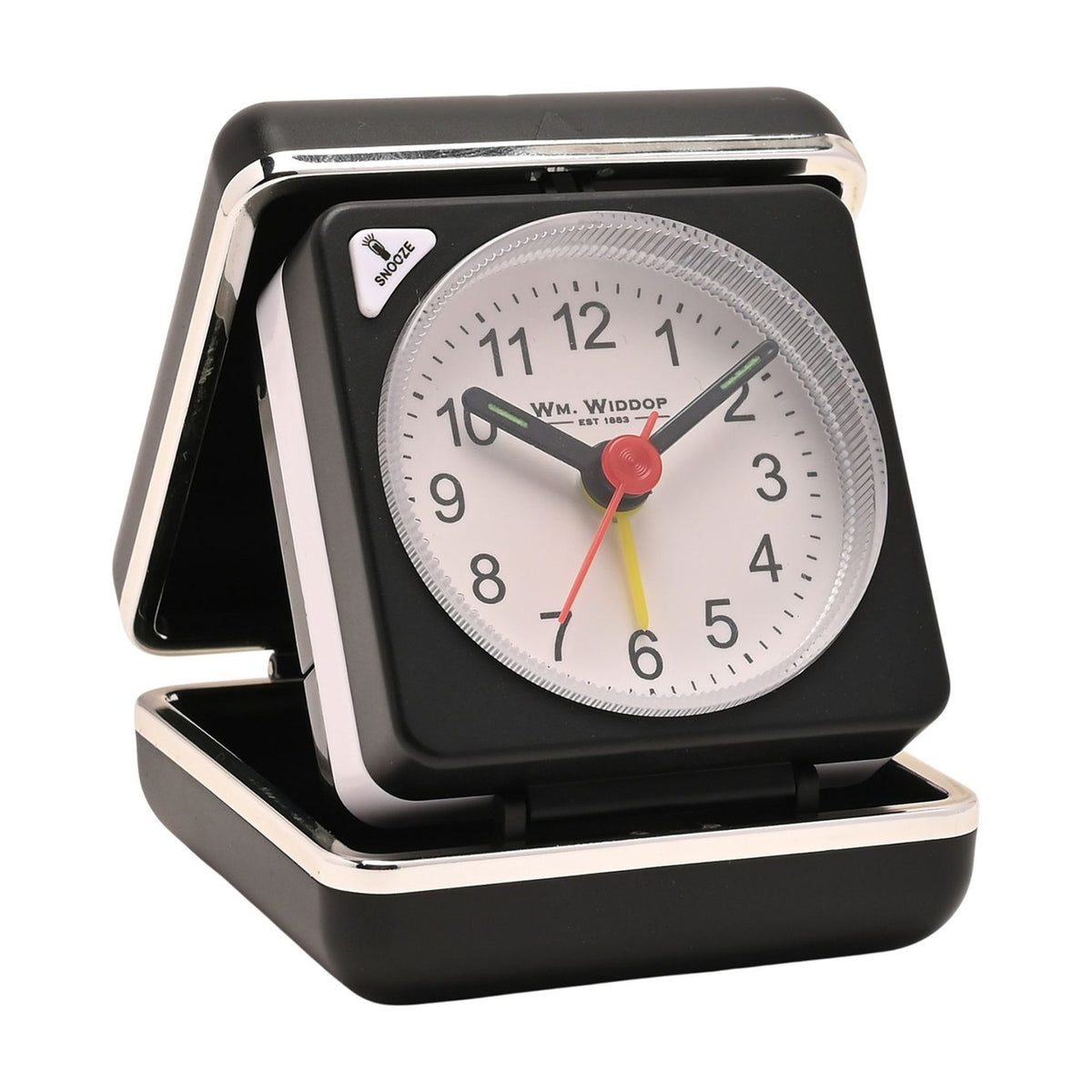 Mini square alarm clock in black folding case with silver trim, white dial, black numerals, black hands, red seconds hand and yellow alarm hand, shown open on a plain white background.