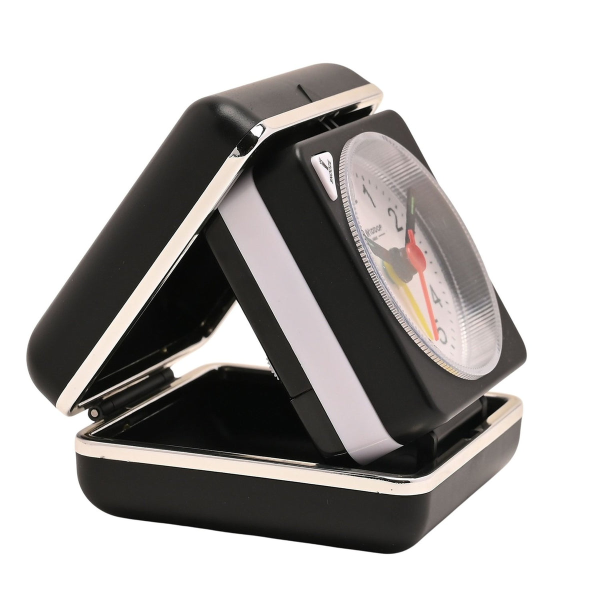 Mini square alarm clock in a black folding case with silver trim, open to show the white dial with black numerals, black hands, red seconds hand and yellow alarm hand, on a plain white background.