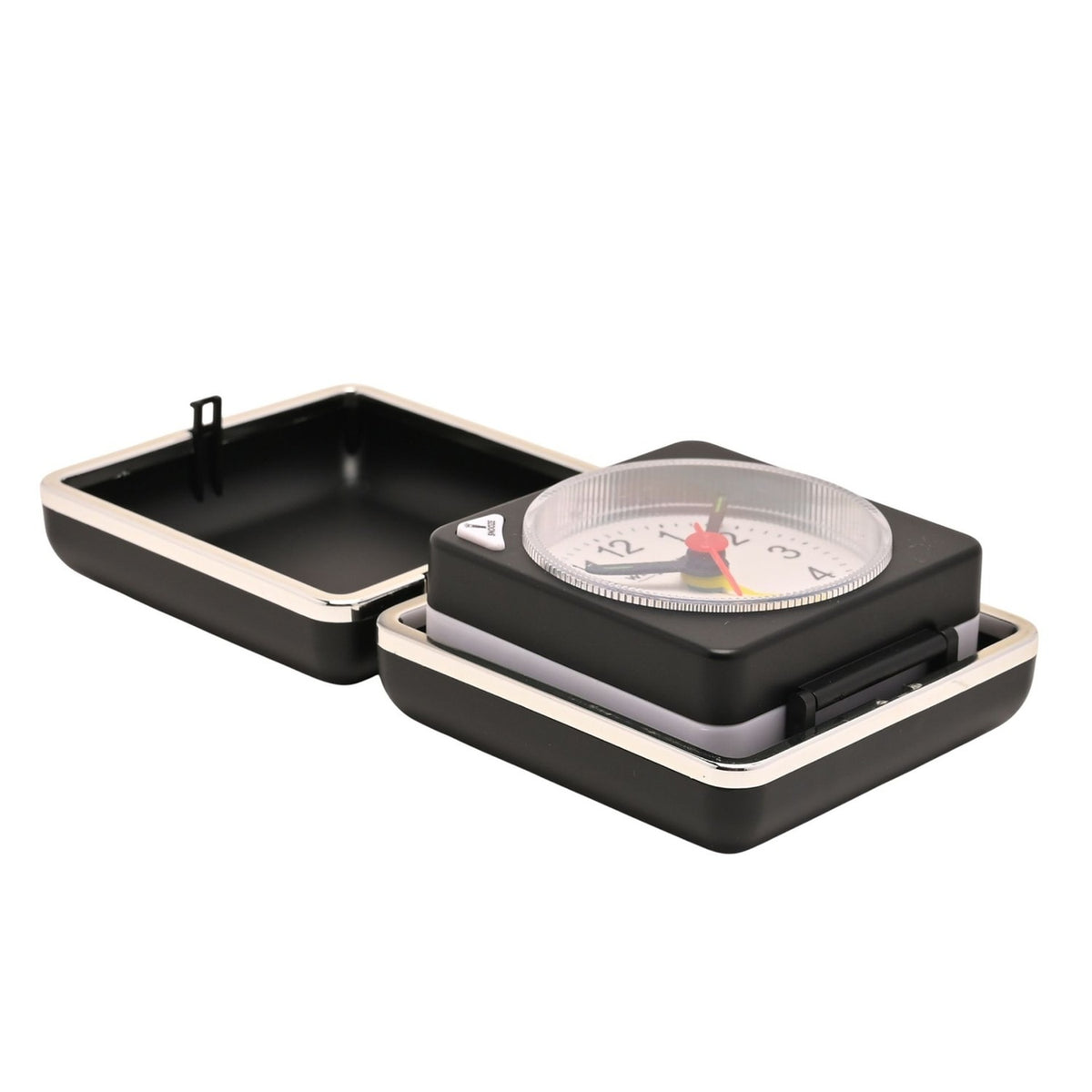 Mini square alarm clock in black folding case with silver trim, open to show white dial with black numerals, red seconds hand and yellow alarm hand, on a white background.