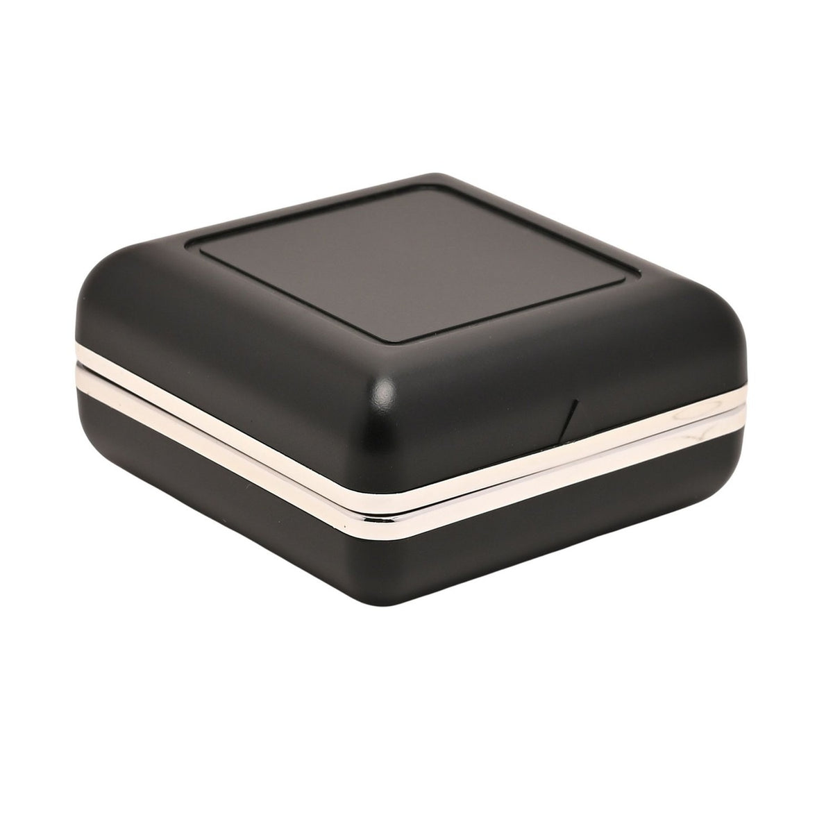 Mini square alarm clock shown closed in its folding black case with a silver edge trim, photographed on a plain white background.