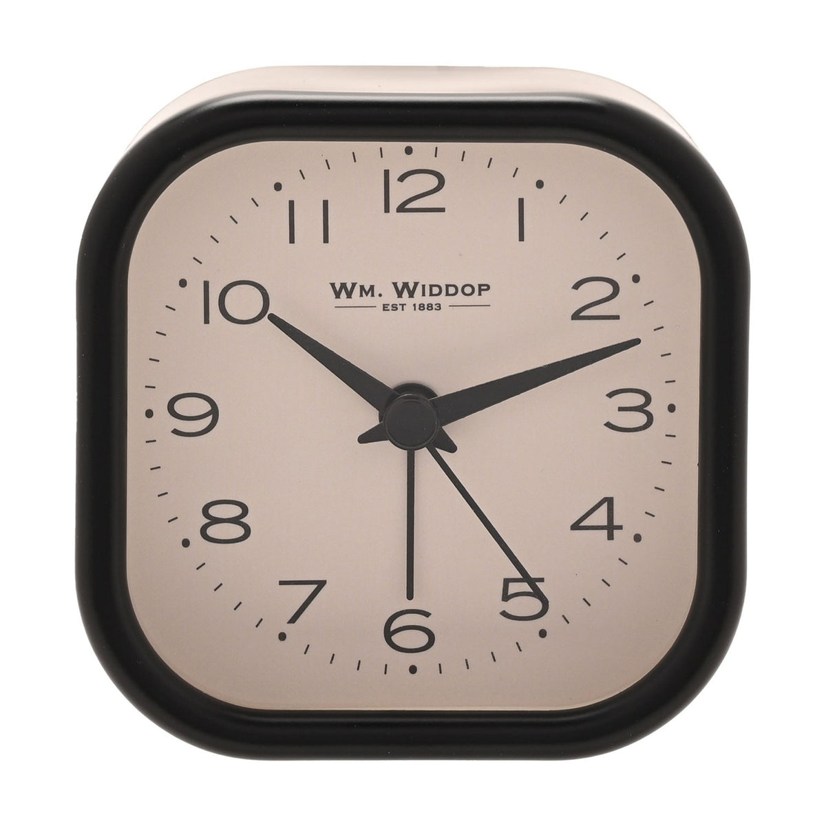Rounded square metal alarm clock with black case and cream dial, bold black Arabic numerals, black hour, minute and alarm hands, on a plain white background.