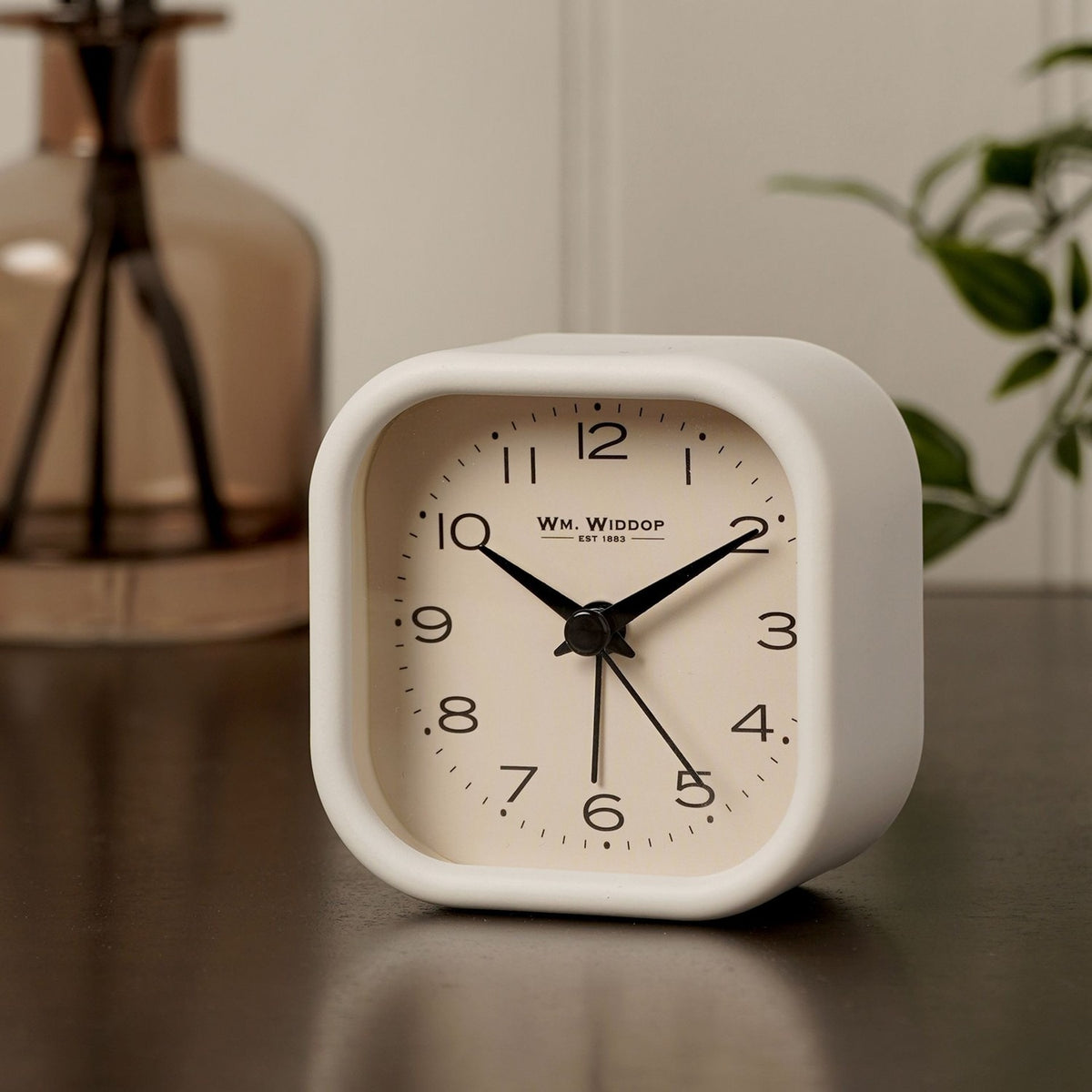 Square Metal Alarm Clock with Rounded Edges - White & Beige