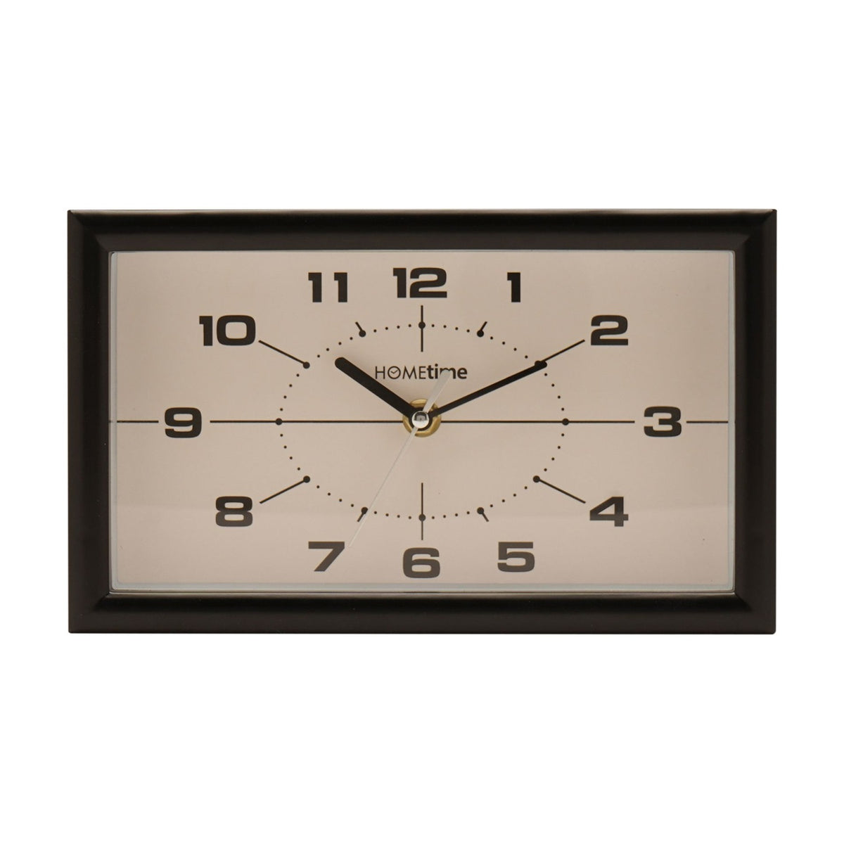 Modern rectangular mantel clock, 25cm, with a black frame and white dial featuring bold black numerals, a dotted oval track, and slim black hands, shown on a plain white background.