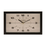 Modern rectangular mantel clock, 25cm, with a black frame and white dial featuring bold black numerals, a dotted oval track, and slim black hands, shown on a plain white background.