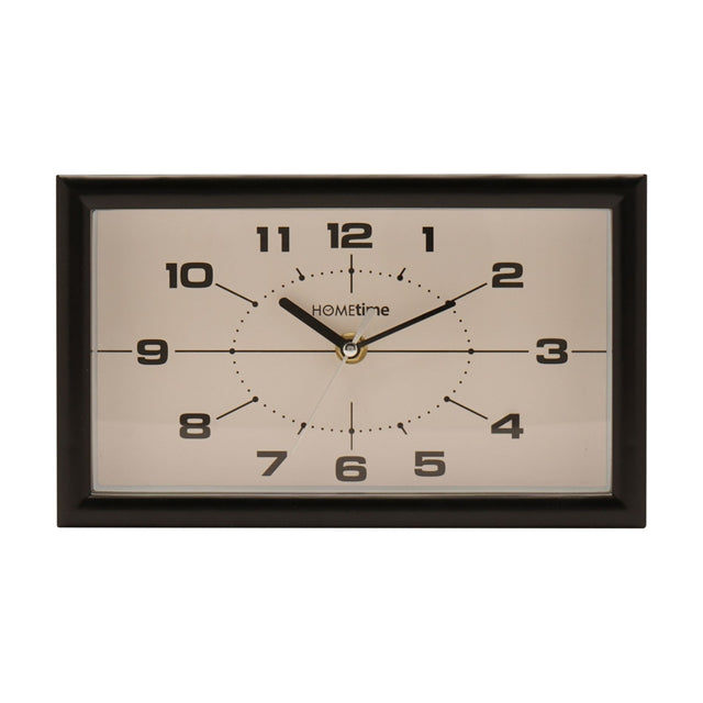 Modern rectangular mantel clock, 25cm, with a black frame and white dial featuring bold black numerals, a dotted oval track, and slim black hands, shown on a plain white background.