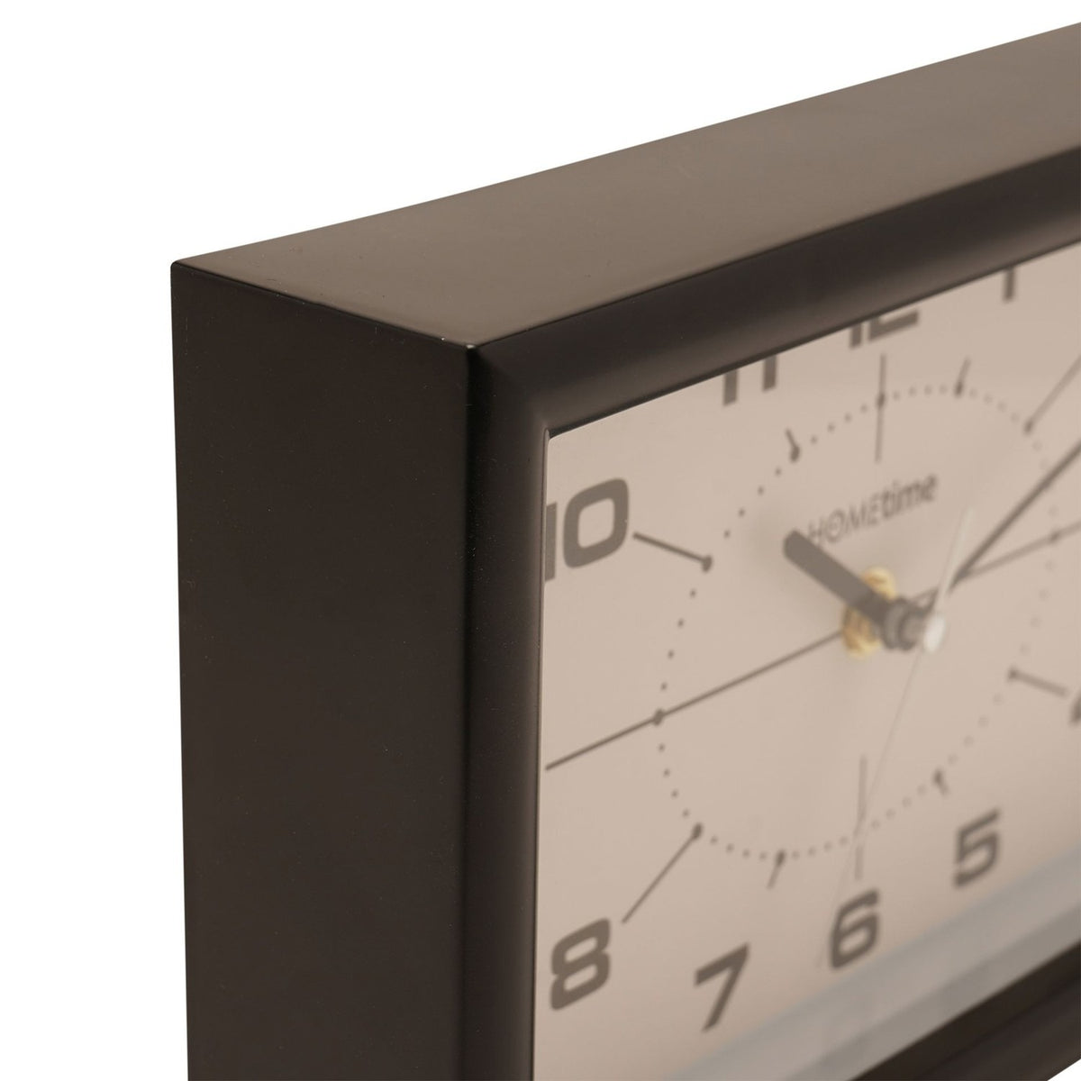 Close-up of the Modern Rectangular Tabletop Mantel Clock 25cm corner, showing the black frame edge and white dial with bold numerals on a plain background.