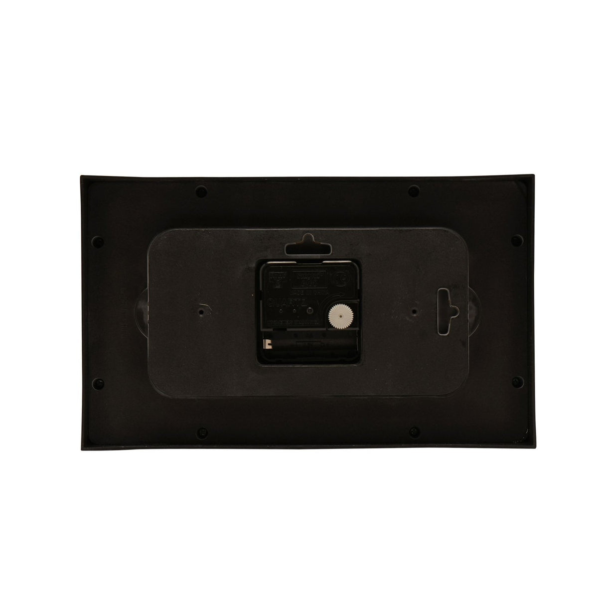 Rear view of the black rectangular mantel clock showing the quartz movement, battery compartment, hanging tab and mounting screw holes on a white background.