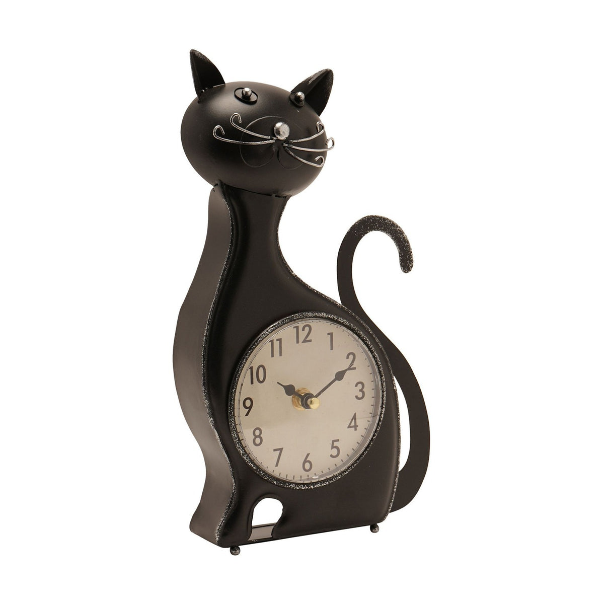 Sitting Cat Metal Mantel Clock with Curled Tail - Black