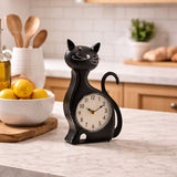 Sitting Cat Metal Mantel Clock with Curled Tail - Black