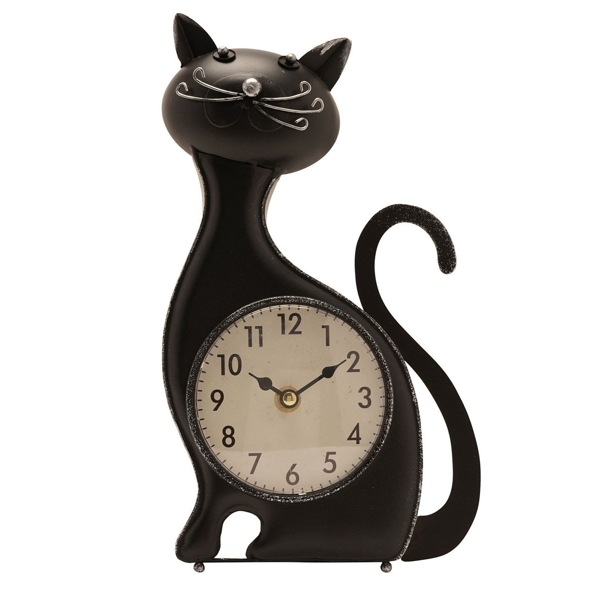 Sitting Cat Metal Mantel Clock with Curled Tail - Black