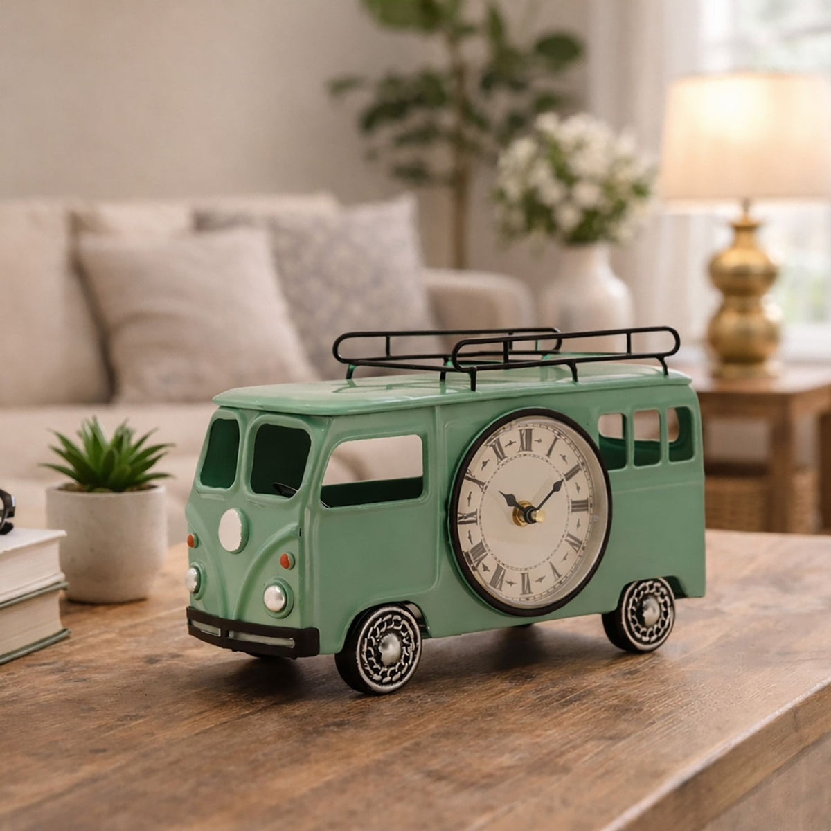 Campervan Metal Mantel Clock with Roman Numeral Dial - Green