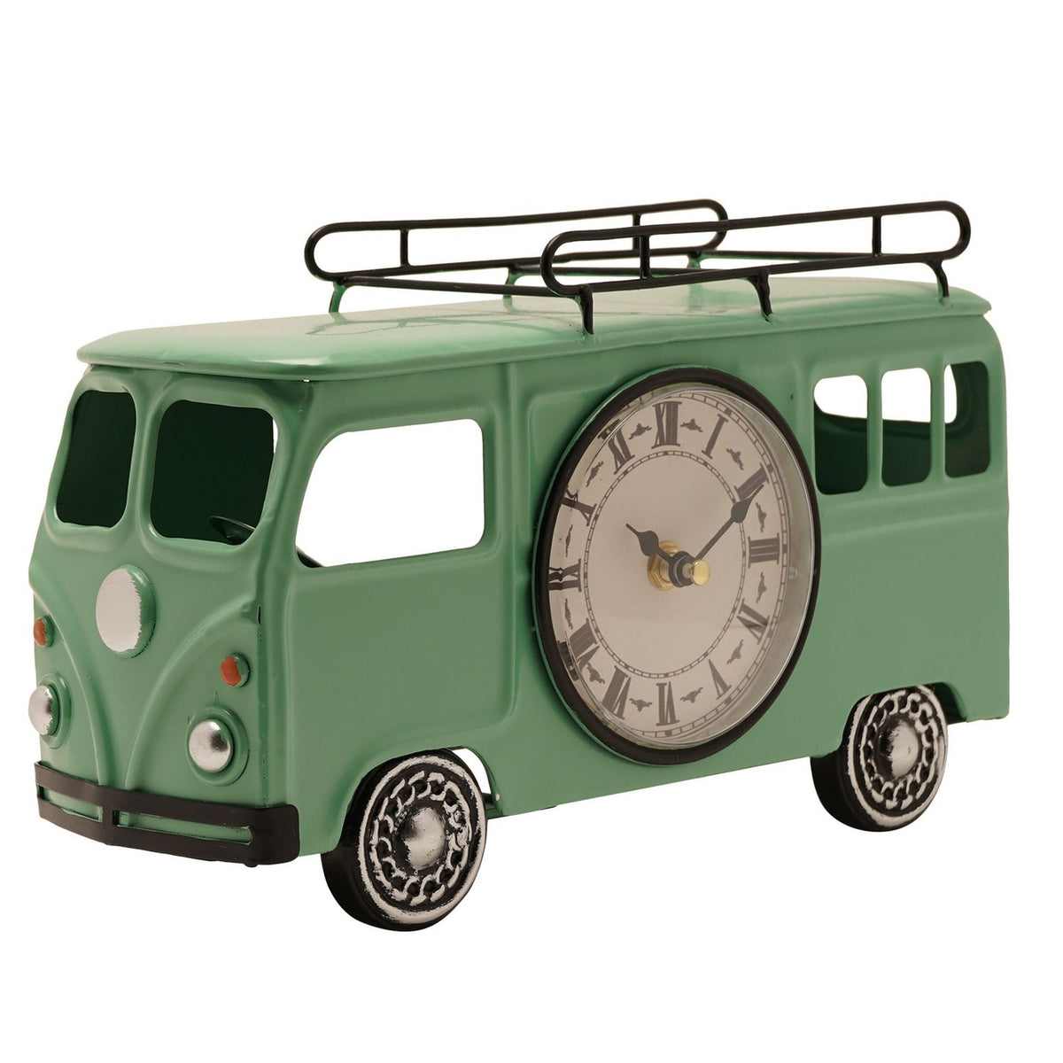 Campervan Metal Mantel Clock with Roman Numeral Dial - Green
