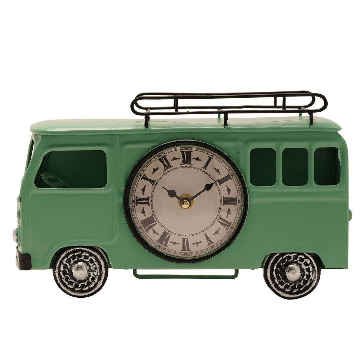 Campervan Metal Mantel Clock with Roman Numeral Dial - Green