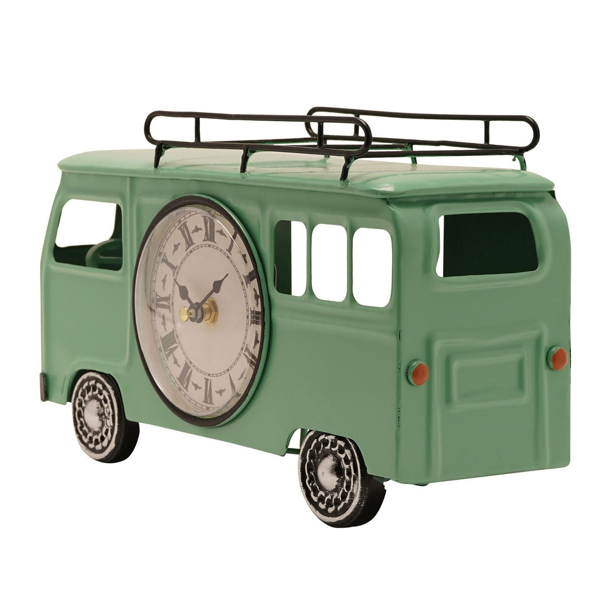 Campervan Metal Mantel Clock with Roman Numeral Dial - Green