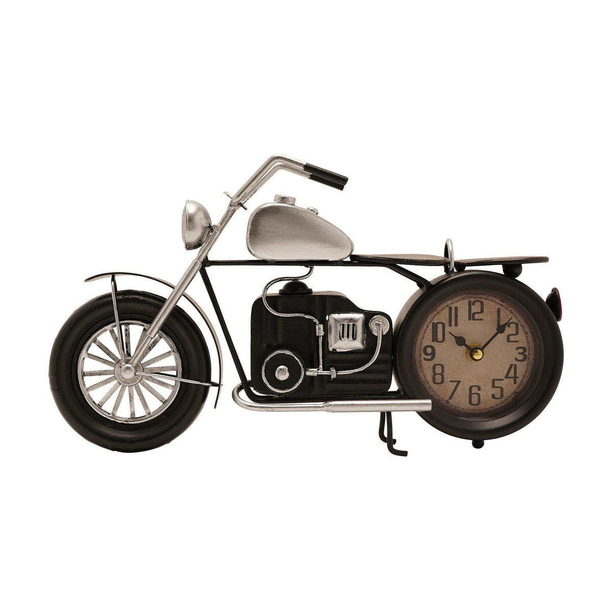Black and silver metal motorbike mantel clock with kickstand, spoked front wheel, handlebars, seat, and round cream clock face as rear wheel, on white background.