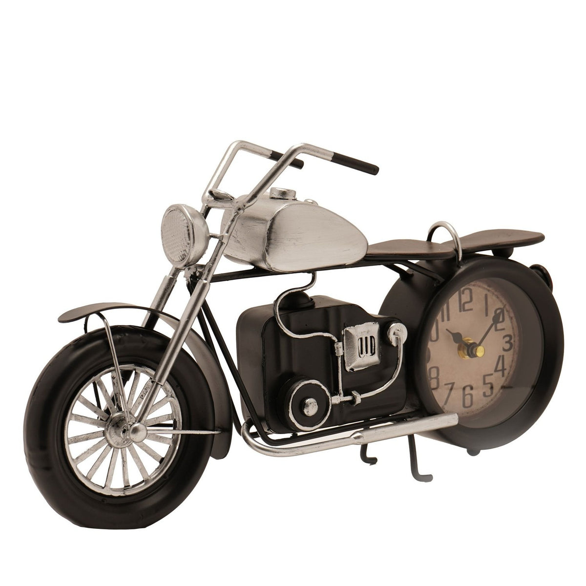 Motorbike-shaped metal mantel clock in black and silver, with a round cream clock face set into the rear wheel, spoked silver front wheel, and kickstand, shown on a plain white background.