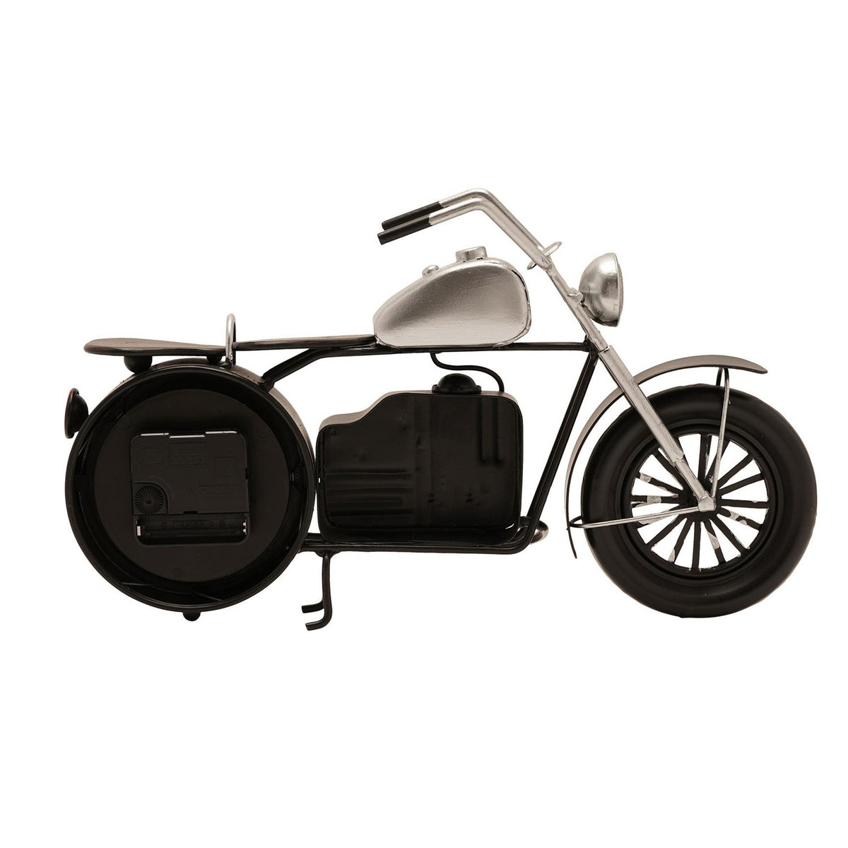 Motorbike-shaped metal mantel clock in black and silver, with the round clock face set as the rear wheel, silver fuel tank and spoked front wheel, on a plain white background.