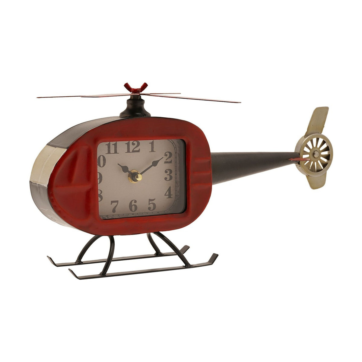Helicopter mantel clock in metal with a rounded red cabin clock face, black tail boom and tail rotor, top rotor blades, and black landing skids, shown on a white background.
