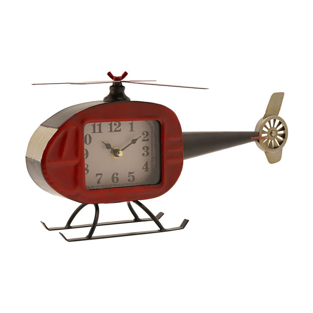 Helicopter mantel clock in metal with a rounded red cabin clock face, black tail boom and tail rotor, top rotor blades, and black landing skids, shown on a white background.