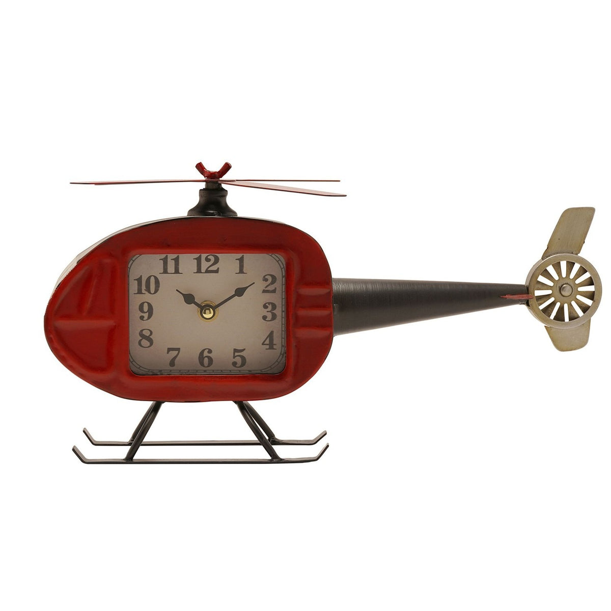 Helicopter Metal Mantel Clock with Rotors in Red & Black, featuring a round cream dial, black tail boom with tail rotor, top rotor blades, and landing skids, on a plain white background.
